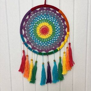 Colorful Rainbow Crochet Dreamcatcher with Tassels Hanging‎ Wall Art